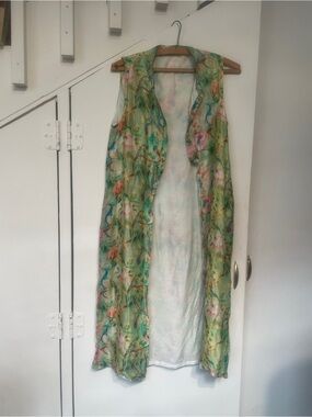 Open long vest duster bird print Spring layered look S M ooak boho anthro style